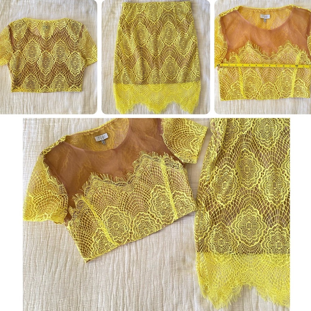 TOBI Mesh Lace Two Piece Mini Skirt Set Yellow Cropped Top Y2K sz Medium